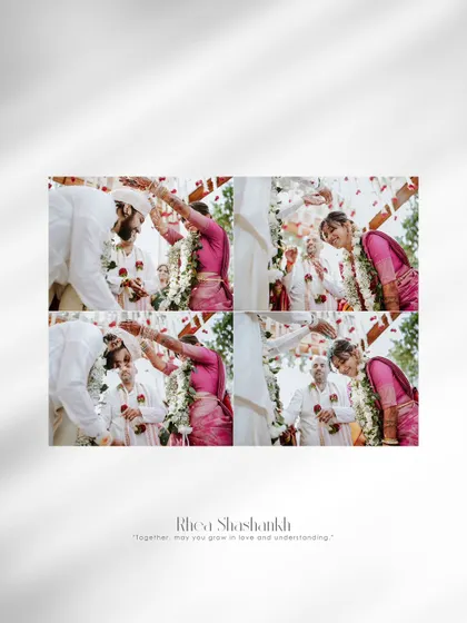 A four-panel layout capturing the 'talambralu' ritual, where the couple showers each other with rice and pearls, a moment of fun and blessing.
