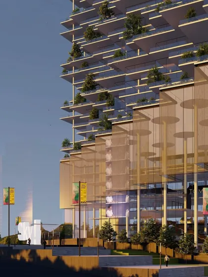 This image shows the dynamic interaction between the private residential towers and the public podium in our "Villas in the Sky" design. The lower levels are designed to be porous and engaging, with shops and cafes that activate the streetscape.