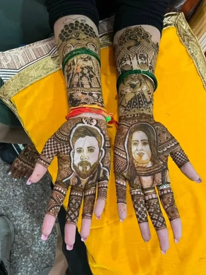 For a truly modern and personal touch, I can create realistic portraits from your photos. This unique design features lifelike henna portraits of the couple on each palm.