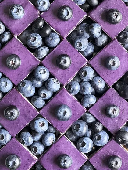 A stunning grid of my blueberry opera gateau, nestled between fresh blueberries. The deep purple color is all-natural and the flavor is a burst of fresh fruit in every bite.