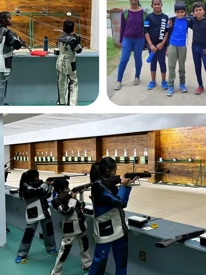 This collage showcases my grassroots talent identification program in action. Young shooters are seen training at the range and participating in events like the Karnataka State Shooting Competition.