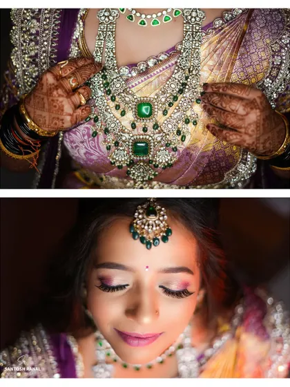 A collage focusing on the details: the magnificent layered necklace against the rich silk saree, and a serene close-up of the bride's makeup.