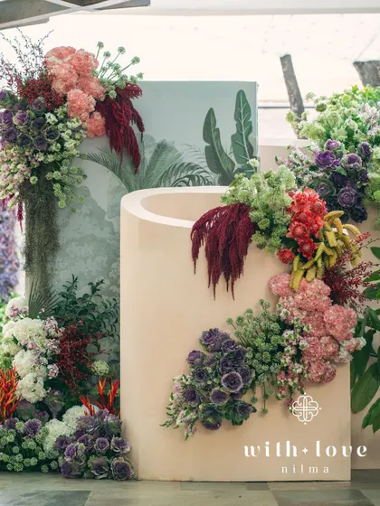 A detail of the custom structures and floral arrangements from the 'Garden of Gaia' event.