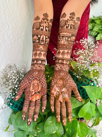This design showcases a lovely depiction of a bride and groom, each on one palm. The surrounding patterns of elephants and paisleys add a traditional touch to this personalized artwork.