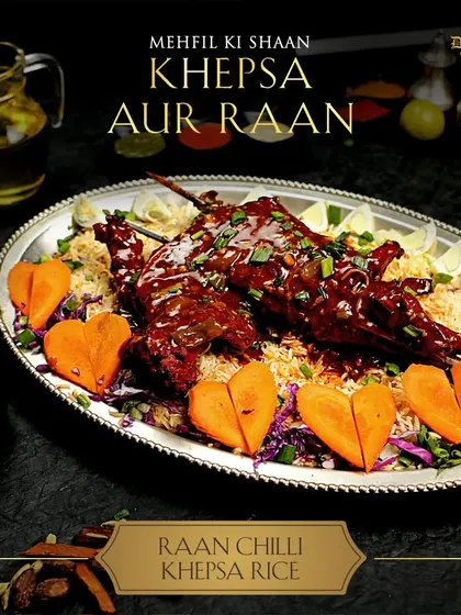 This is how you celebrate a feast. My Raan Chilli Khepsa Rice is a full platter of joy, featuring a whole spiced raan resting on a bed of aromatic Khepsa rice. Garnished with boiled eggs and heart-shaped carrots, it’s a dish made for sharing with the people you love.