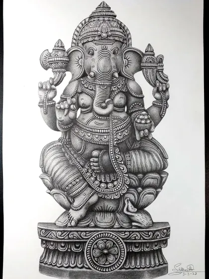 A detailed pencil sketch of Ganesh ji that took over 24 hours to complete. I used a mechanical pencil to get all the fine details in his ornaments and form.