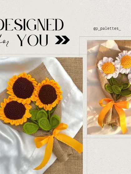 Designed for you. This image showcases our hand-knitted sunflower and daisy bouquets, crafted with precision and passion to be a timeless gift.