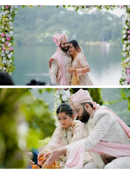 A collage of moments from a lakeside Hindu ceremony, capturing the couple's interactions and the traditional rituals.