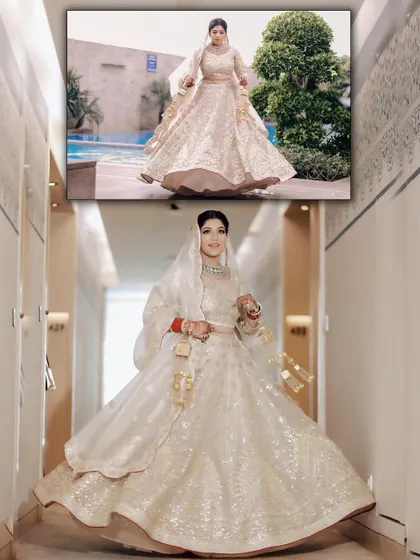 A diptych of the bride in her elegant white lehenga, captured by the pool and in a grand hallway.