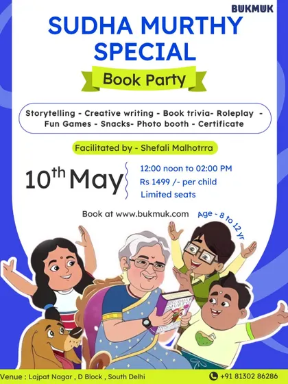 I host special book parties dedicated to celebrated authors like Sudha Murthy. This event for kids aged 8 to 12 includes storytelling, creative writing, book trivia, and roleplay based on her inspiring books.