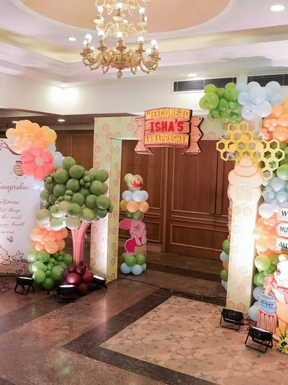 This Winnie the Pooh setup was for an Annaprashan, or first rice-eating ceremony. I can adapt any theme to suit the specific traditions and needs of your celebration.