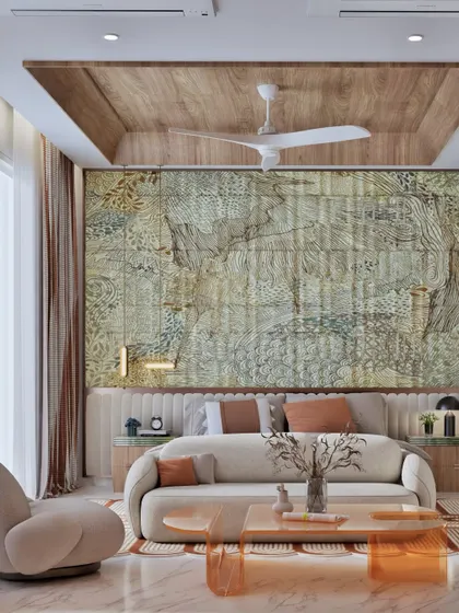 A render of a parent's bedroom with a large, textured art panel behind the bed and a warm wood ceiling. A small sofa at the foot of the bed creates a cozy lounge area within the room.