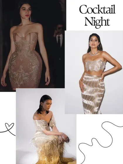 For the cocktail night, think sleek and glamorous. This mood board features corset-style gowns and shimmering metallic dresses that are perfect for an evening of celebration.