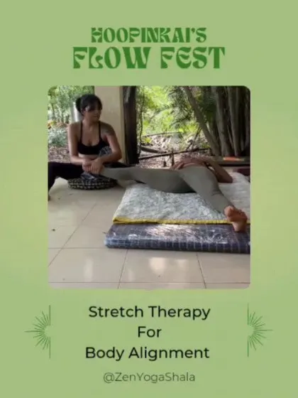 A graphic promoting the Stretch Therapy sessions at the Flow Fest. This is an essential offering for recovery and body alignment after days of movement.