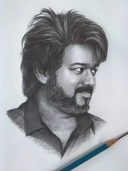 A graphite sketch of actor Vijay Thalapathy. I focused on the texture of his hair and beard to create a lifelike and dynamic portrait.