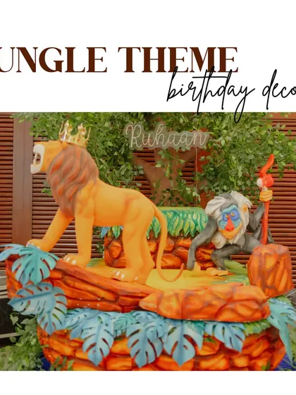 An overview of our "Jungle Theme" birthday decor. This setup features life-sized statues of Simba and Rafiki on a Pride Rock-inspired stage, creating an immersive experience.