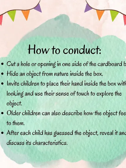 What's in the mystery box? This sensory game encourages children to use their sense of touch to identify objects from nature, developing tactile awareness and curiosity.