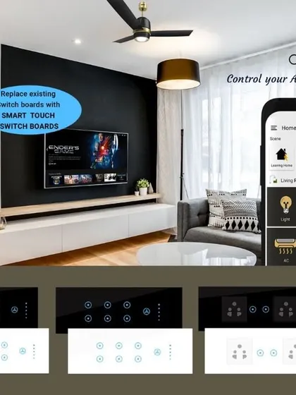 We offer total flexibility in how you control your home. This graphic illustrates the ability to manage all your appliances, from lights and fans to AC units, through either our elegant smart touch switchboards or the comprehensive interface of our mobile app.