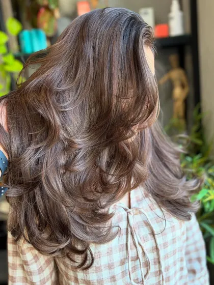 Another angle of the beautiful Frosted Hazelnut color, showcasing the soft, blended layers and the healthy shine of the hair.
