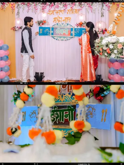 A collage showing the beautifully decorated stage and details from a traditional naming ceremony.