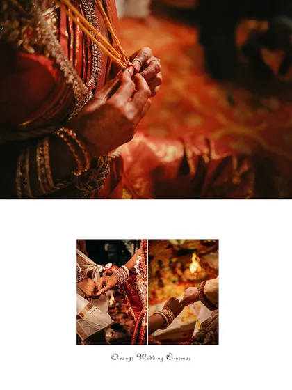 A collage focusing on the intricate details of the wedding rituals, including the tying of the sacred thread.