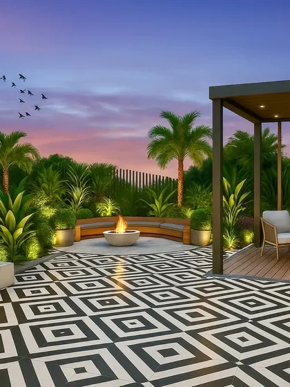 A stunning 3D render for a Gurugram terrace, featuring bold black-and-white geometric tiles, a fire pit, and a water feature, all under a dramatic sunset sky.