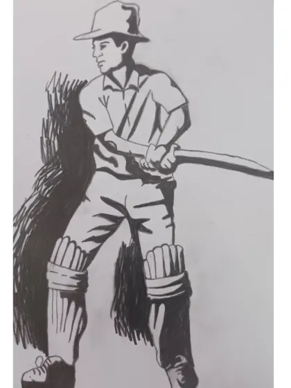 This high-contrast pencil shading of a cricketer was done by my 10-year-old student, Vedavarshini. It's a fantastic example of how we learn to see and draw shapes of light and shadow, not just lines.