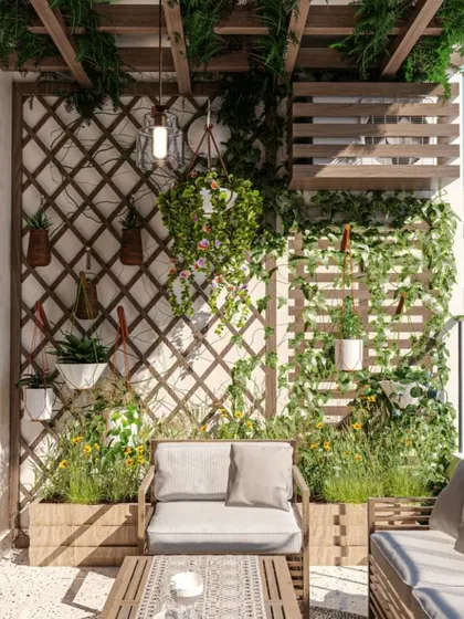 A rustic and charming balcony design with wooden planters and lattice screens for climbing plants. The comfortable outdoor sofa makes this a perfect spot to enjoy the fresh air and city view.