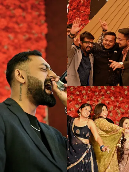 A collage from Kritika's engagement, showing me pouring my energy into the mic and the happy guests dancing. This is how we turn an engagement into a night to remember.