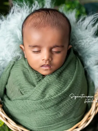 A sleeping newborn wrapped in green, nestled in a basket surrounded by leaves. A peaceful and natural portrait.