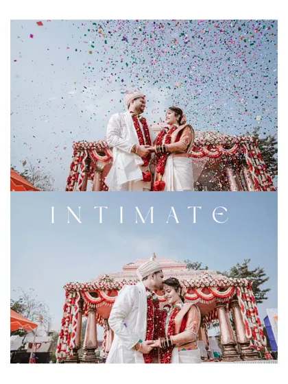 Two beautiful moments from the wedding ceremony: a joyful confetti toss and a quiet, intimate embrace between the bride and groom.