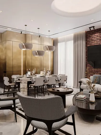 This render highlights the dining area with a grand brass-paneled wall and modern pendant lights. The design creates a luxurious and dramatic backdrop for formal dining.