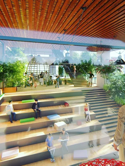 A stepped amphitheater and social hub from our 'Urban Ladder' office concept. This space is designed to be the heart of the building, a place for large gatherings, celebrations, and informal work.