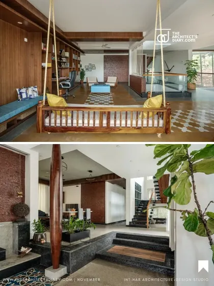 This collage shows two key spaces: the upstairs library with its traditional swing and the ground floor entrance with its level changes and material variety, summarizing the project's design language.