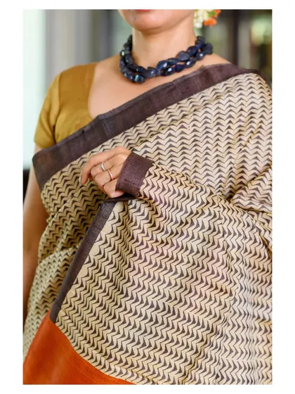 A close-up detail shot of the handloom saree, focusing on the fabric's texture, the border, and the necklace.