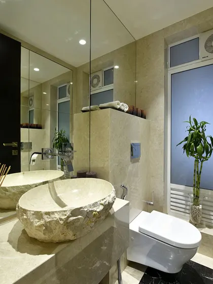 This bathroom from our Bellevue project features a beautiful, raw-stone basin that adds a natural, earthy element. The large mirror behind it makes the space feel bigger and brighter.
