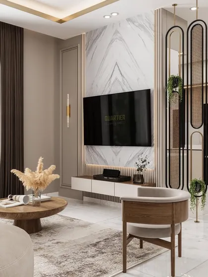 A 3D render of a family lounge area. The design includes a TV wall with a book-matched marble pattern and a stylish metal and cane partition that adds a natural, airy element to the space.