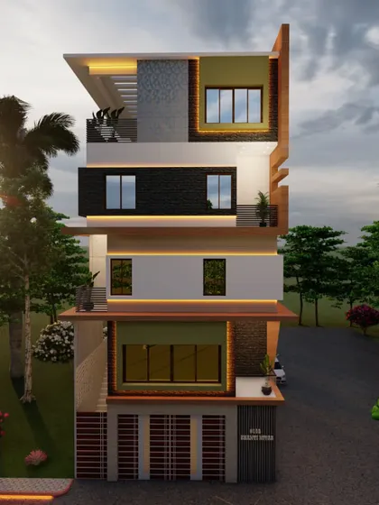A 3D elevation for a project in RR Nagar, Bangalore. This design uses a striking vertical wood-finished element to add height and drama.