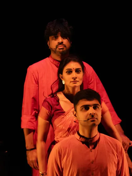 A posed shot with my collaborators for *Abandhana*. This dance-theatre piece is a true ensemble effort, bringing together vocals, percussion, and cello to create an immersive soundscape.