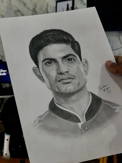 A custom pencil portrait of the talented Shubman Gill. This sketch highlights his sharp features and calm demeanor, making it a great piece for any fan of the next generation of cricket stars.