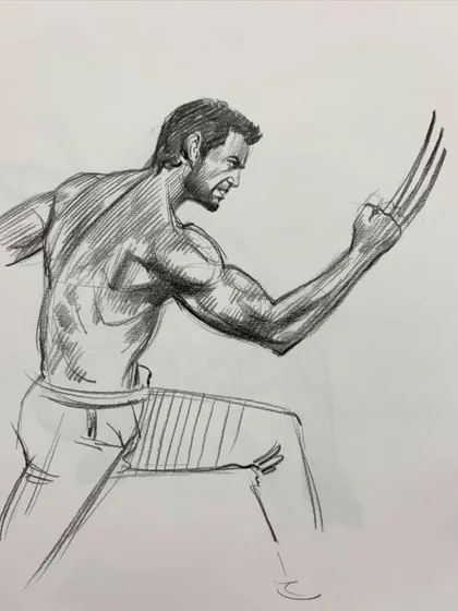 A sketch of the character Wolverine, focusing on capturing his iconic pose and muscular form.