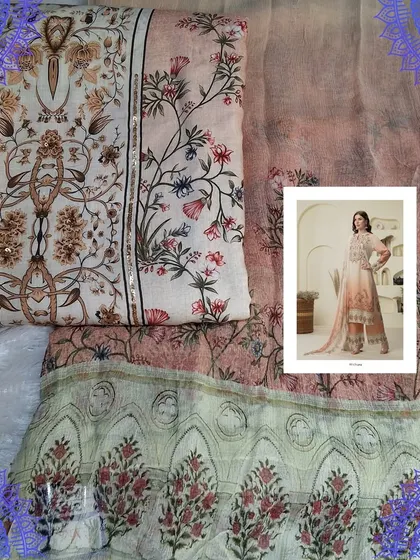 A beautiful peach and green dress material with a floral digital print. The soft muslin fabric and the elegant design make it a perfect choice for a summer day out.