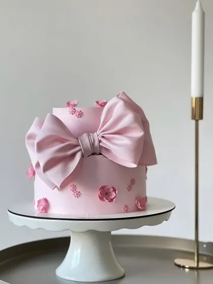 Another beautiful pink bow cake, this one a two-tiered design with tiny floral details. It's a perfect example of a clean, minimalist, yet impactful celebration cake.