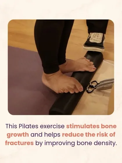 This Pilates exercise on the foot corrector stimulates bone growth and helps reduce the risk of fractures by improving bone density. It is a targeted way to support bone health post-menopause.