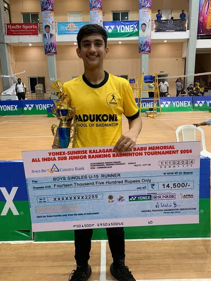 A fantastic achievement for Medhansh Sharma, seen here with his runner-up trophy and prize money at the Yonex-Sunrise All India Sub Junior Ranking Tournament.
