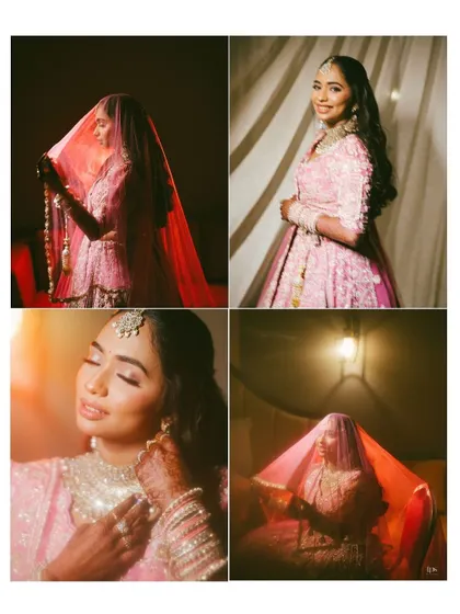 A collage of stunning bridal portraits. The dramatic lighting and the bride's beautiful pink lehenga are highlighted in these artistic and elegant shots.
