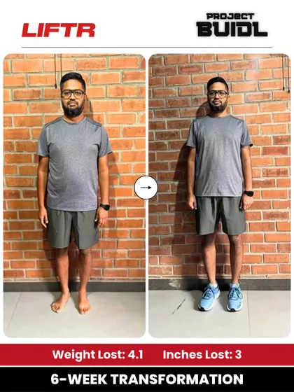 Amit lost 4.1 kg and 3 inches in 6 weeks by committing to regular training and clean eating. This front view shows his solid progress.