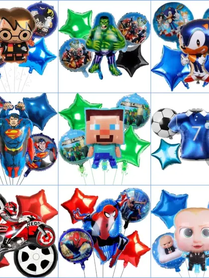 A catalogue of various character foil balloon sets for boys, including Harry Potter, Hulk, Superman, Spiderman, and Boss Baby.