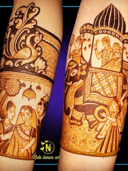 A design showcasing the start of a bridal story, with a Baarat concept on one arm and a bride with her parents on the other.