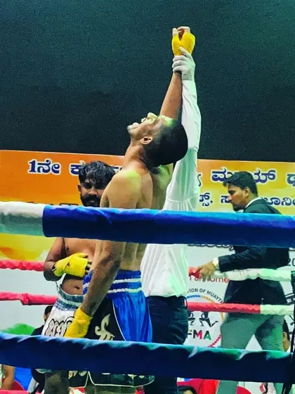 A moment of pure emotion after being declared the Karnataka State Level Muay Thai Pro Champion. All the sacrifice and training leads to this.